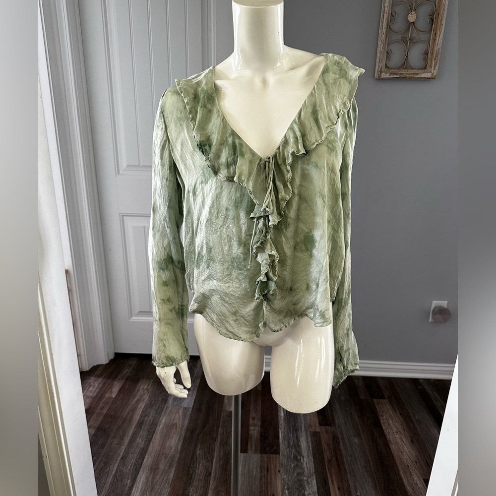 Free People Green Ruffled Tie Front Blouse